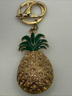 Gold Pineapple Keychain with Green Enamel Leaves champagne rhinestones bag charm